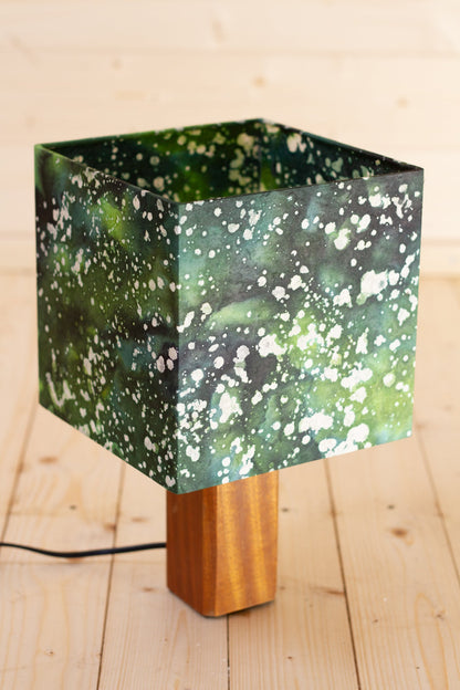 Square Sapele Table Lamp with a 20cm Square Lampshade in B114 ~ Batik Canopy Greens
