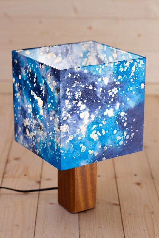 Square Sapele Table Lamp with a 20cm Square Lampshade in B113 ~ Batik Ocean Blues