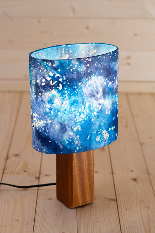 Square Sapele Table Lamp with 20cm Oval Lamp Shade B113 ~ Batik Ocean Blues