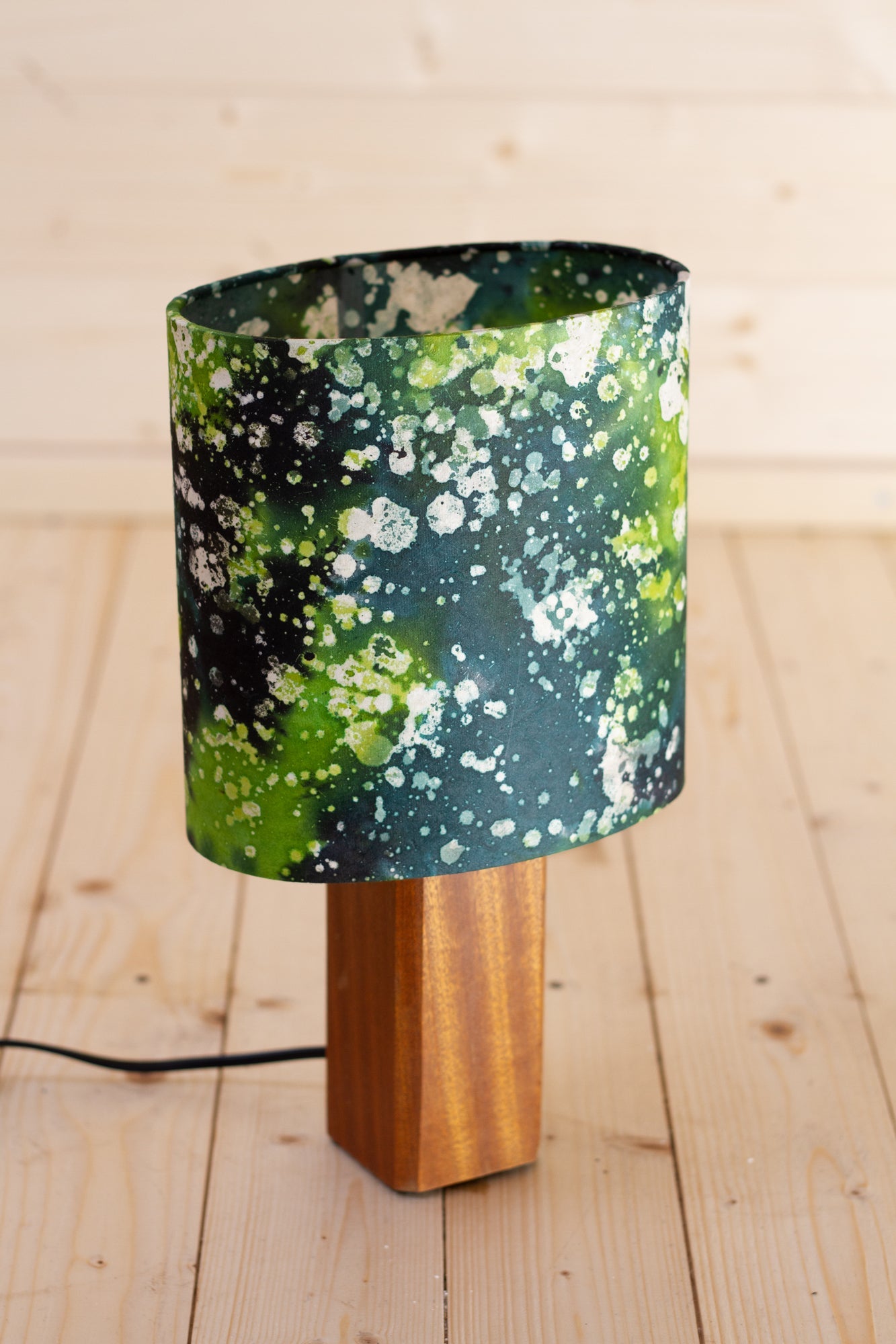 Square Sapele Table Lamp with 20cm Oval Lamp Shade B114 ~ Batik Canopy Greens