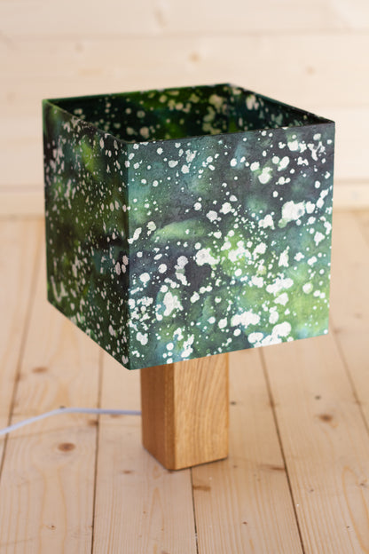 Square Oak Table Lamp with a 20cm Square Lampshade in B114 ~ Batik Canopy Greens