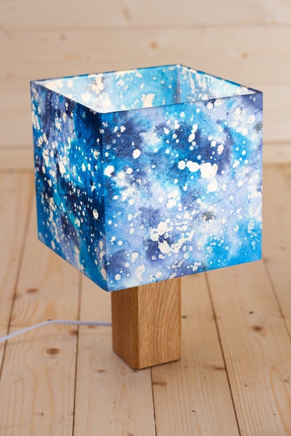 Square Oak Table Lamp with a 20cm Square Lampshade in B113 ~ Batik Ocean Blues