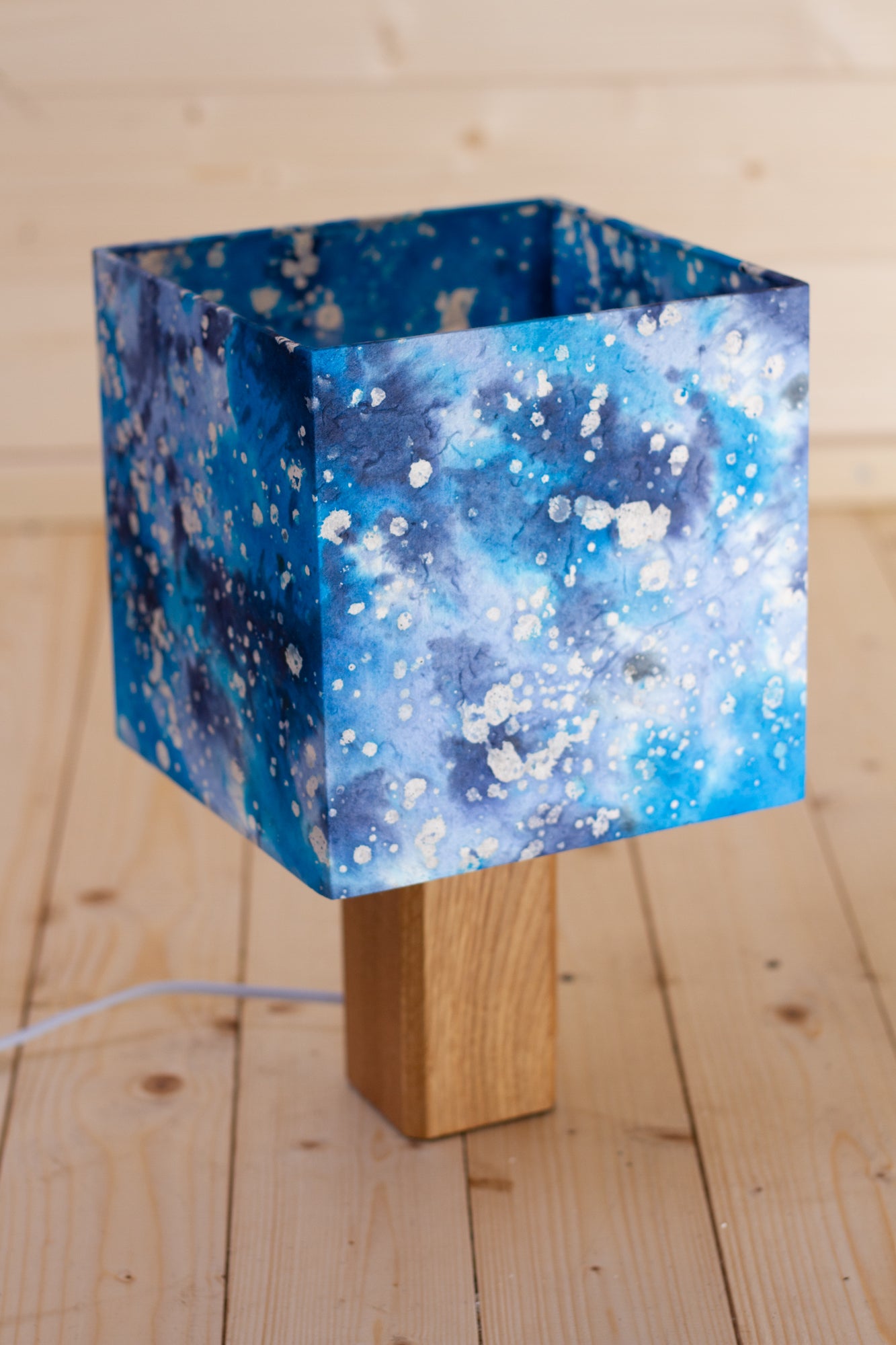 Square Oak Table Lamp with a 20cm Square Lampshade in B113 ~ Batik Ocean Blues