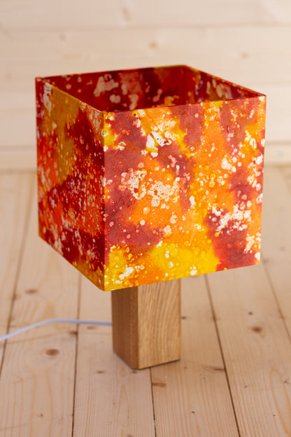 Square Oak Table Lamp with a 20cm Square Lampshade in B112 ~ Batik Lava Red/Orange