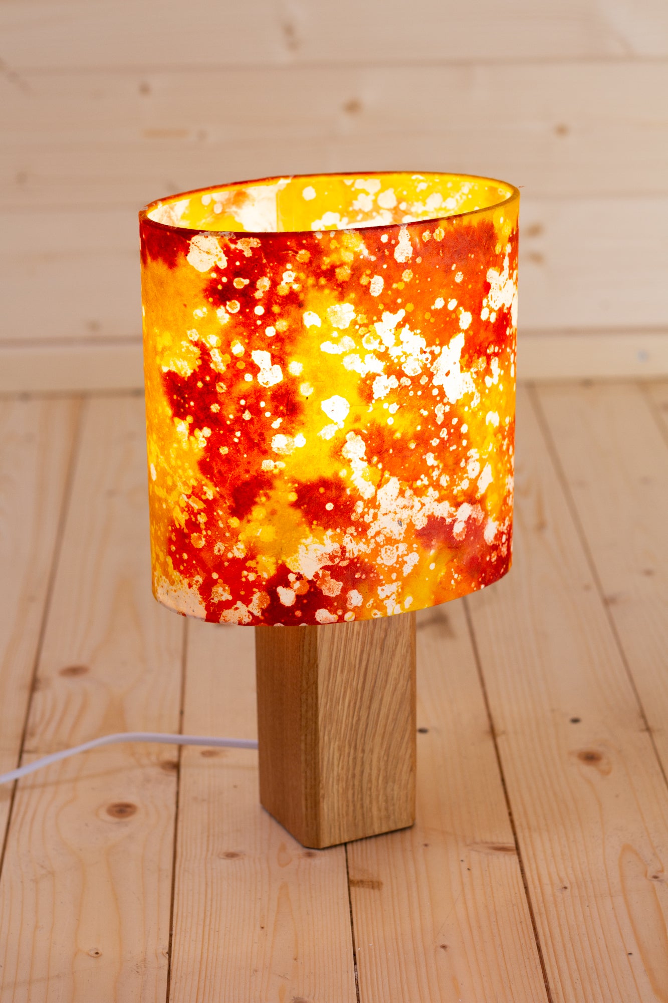 Square Oak Table Lamp with 20cm Oval Lamp Shade B112 ~ Batik Lava Red/Orange