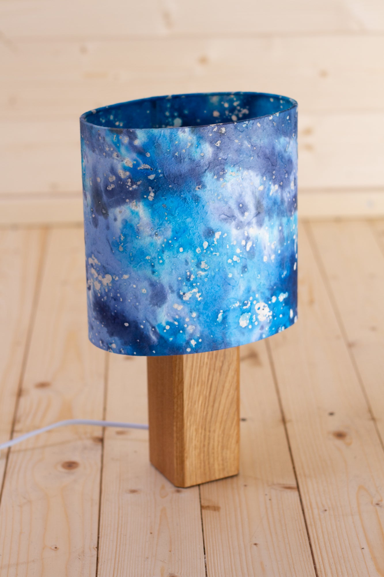 Square Oak Table Lamp with 20cm Oval Lamp Shade B113 ~ Batik Ocean Blues