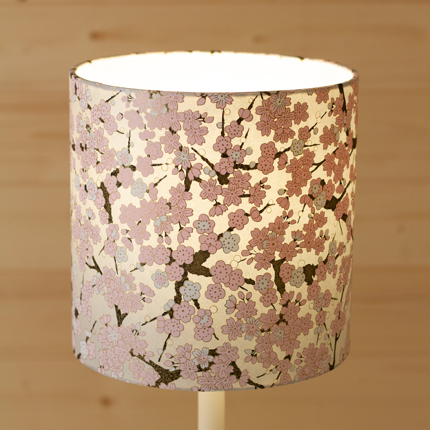Drum Lamp Shade - W02 ~ Pink Cherry Blossom on Grey, 20cm(d) x 20cm(h)