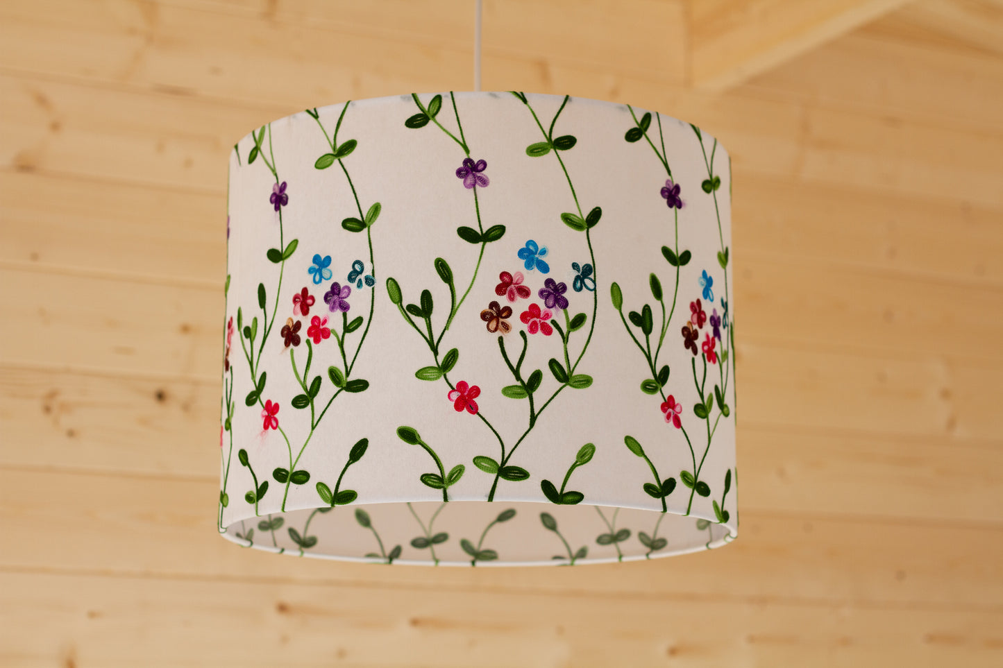 Drum Lamp Shade - P43 - Embroidered Flowers on White, 40cm(d) x 30cm(h)