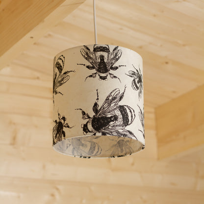 Drum Lamp Shade - P42 - Bees Screen Print on Natural Lokta, 20cm(d) x 20cm(h)