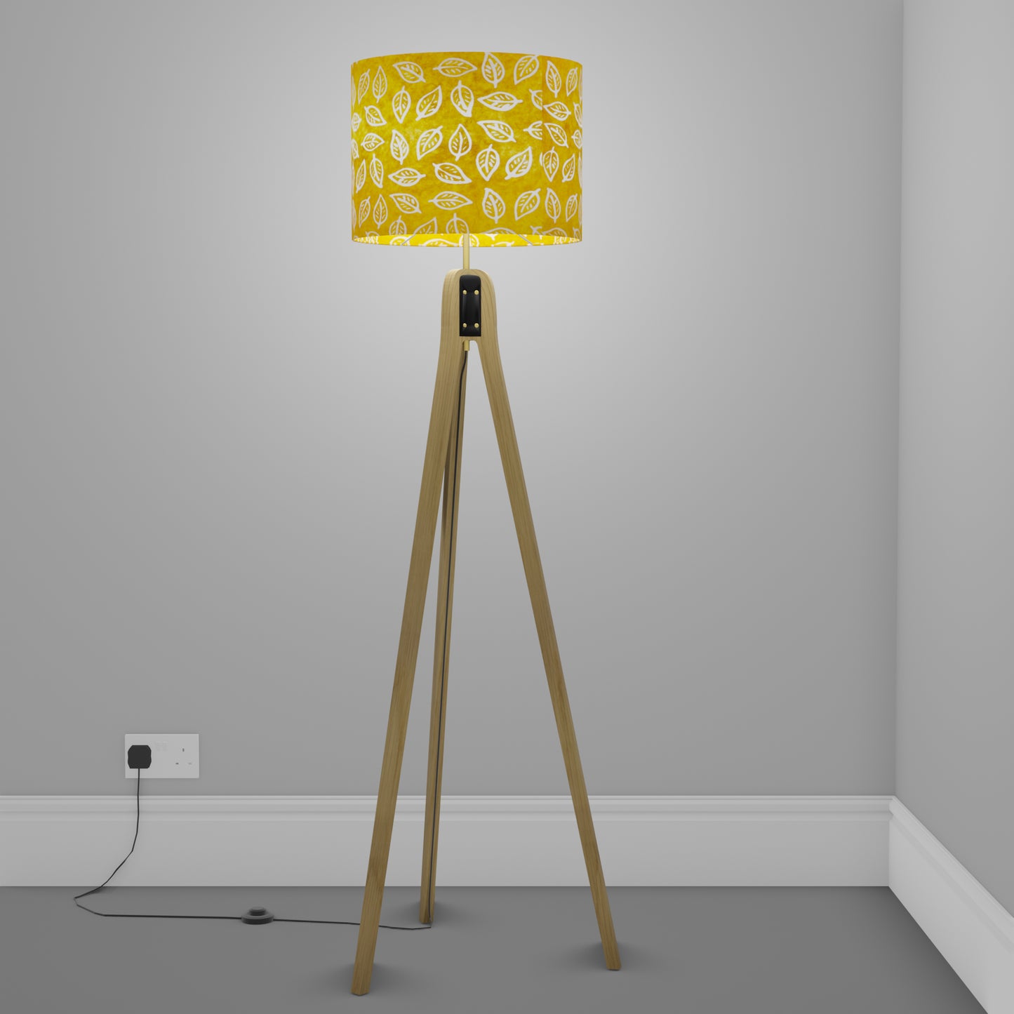 Oak Tripod Floor Lamp - B107 ~ Batik Leaf Yellow