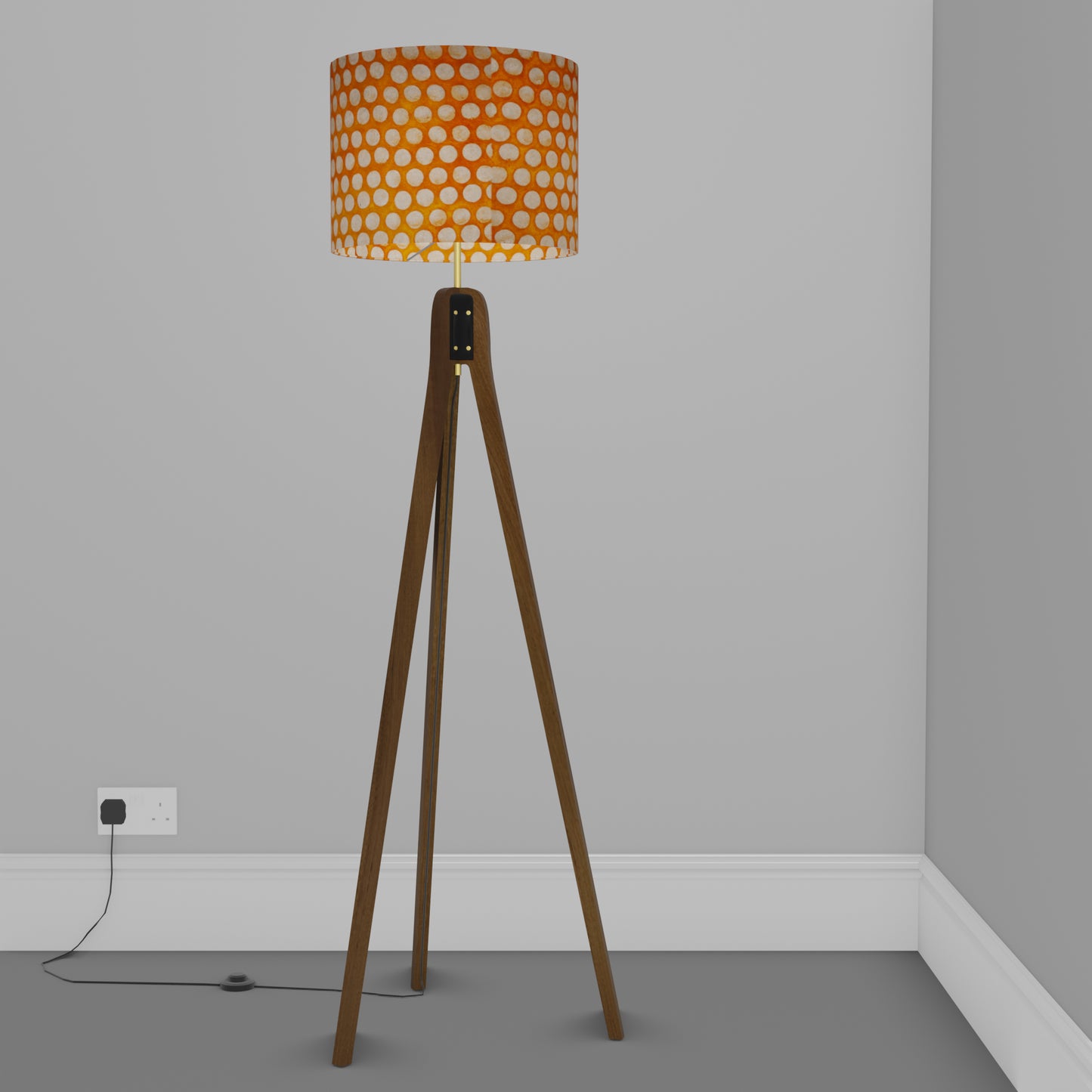 Sapele Tripod Floor Lamp - B110 ~ Batik Dots on Orange