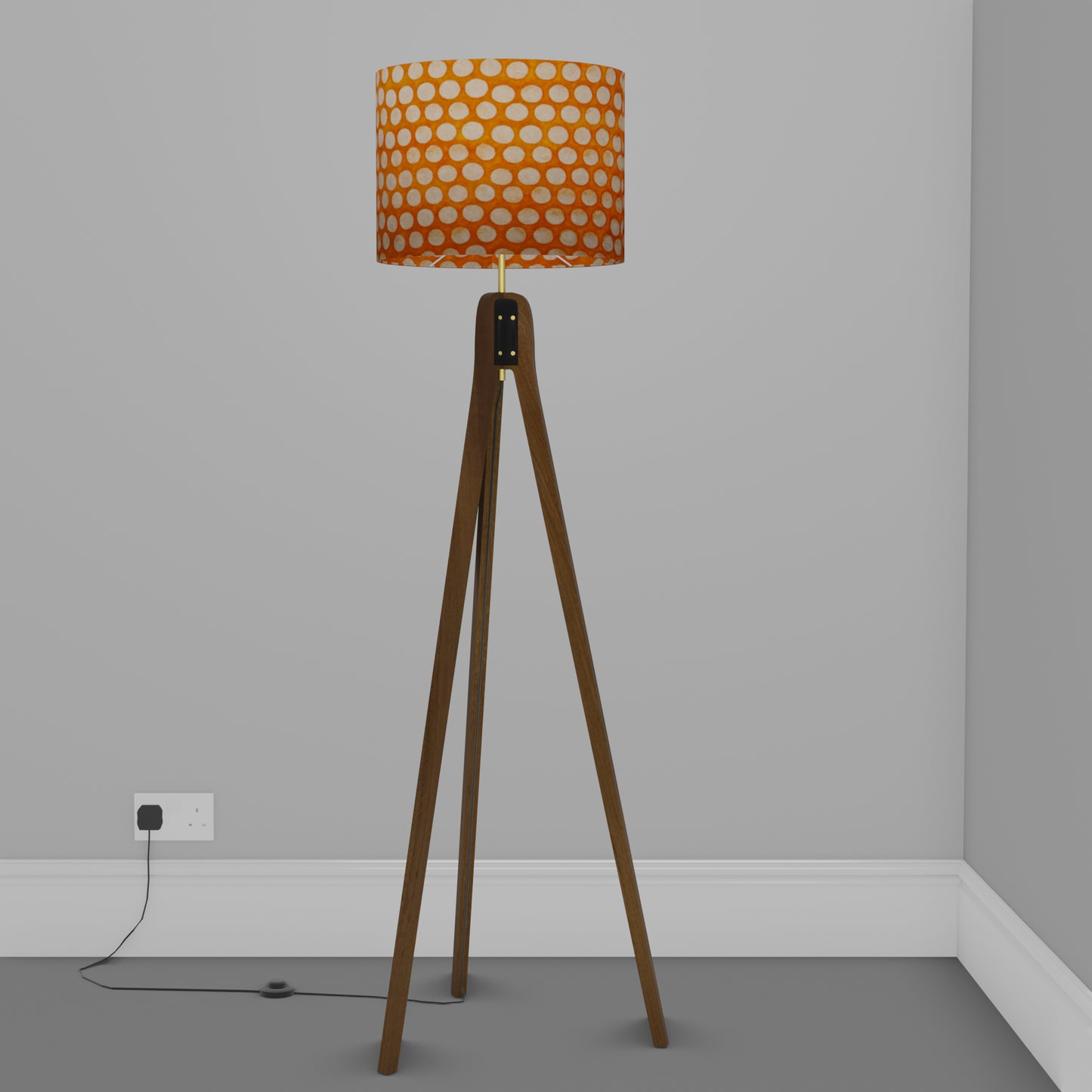 Sapele Tripod Floor Lamp - B110 ~ Batik Dots on Orange