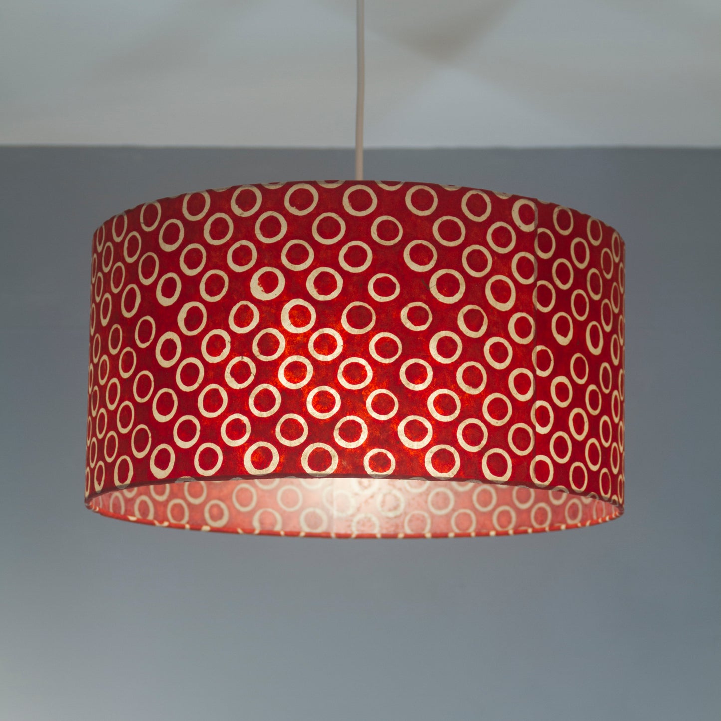 Drum Lamp Shade - P83 ~ Batik Red Circles, 20cm(d) x 30cm(h)