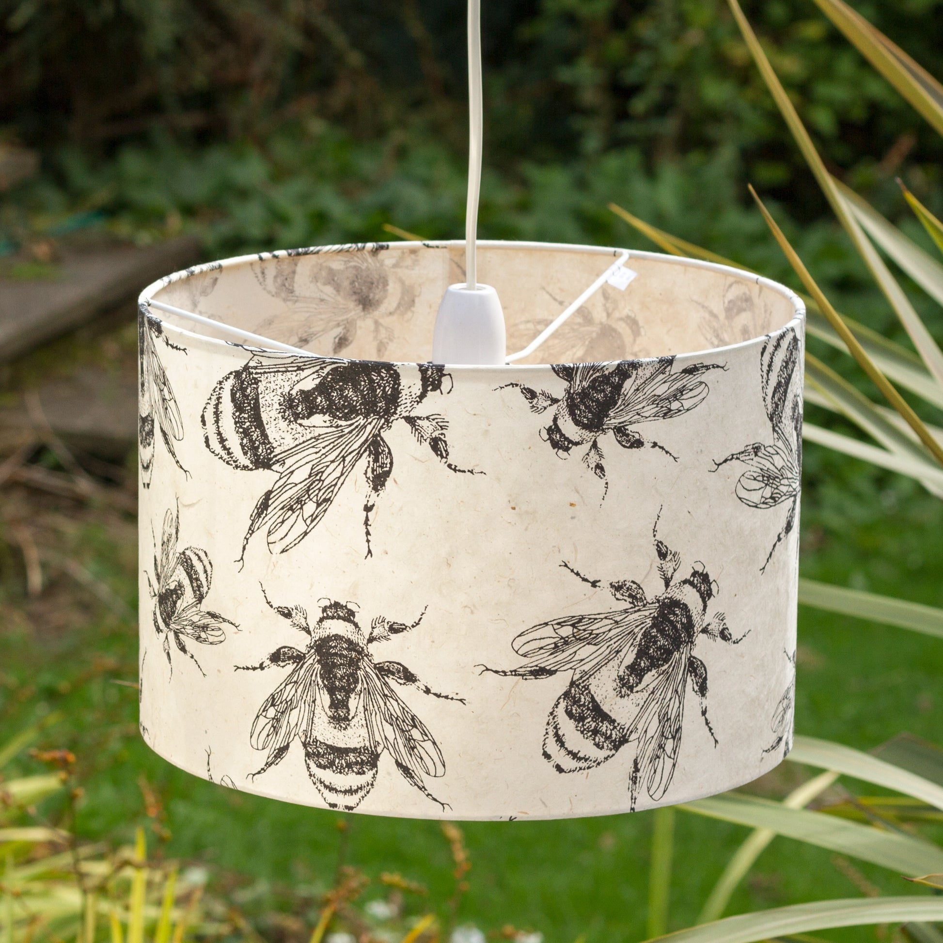 Drum Lamp Shade - P42 - Bees Screen Print on Natural Lokta, 30cm(d) x 20cm(h) - Imbue Lighting