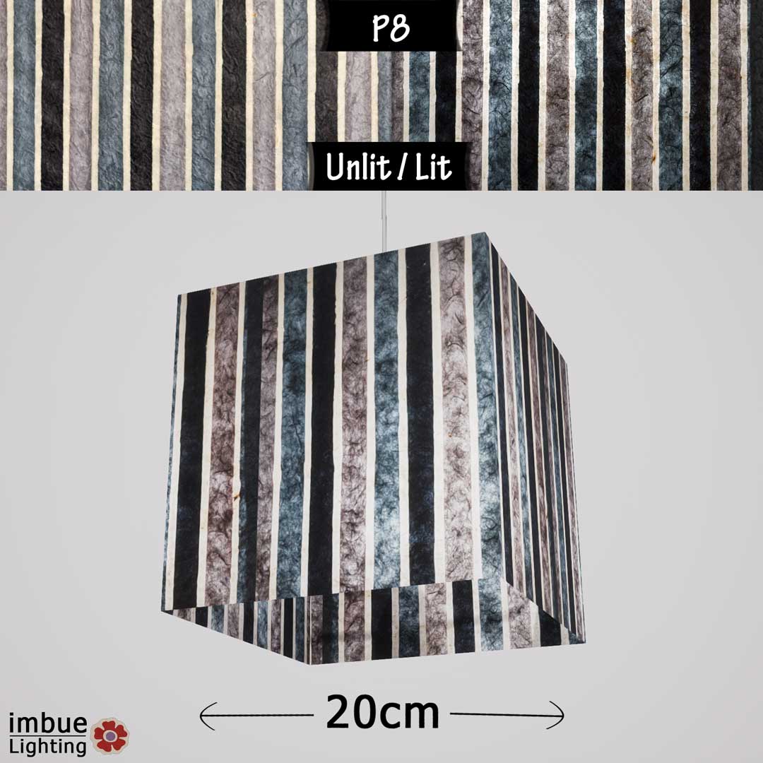 Square Lamp Shade - P08 - Batik Stripes Grey, 20cm(w) x 20cm(h) x 20cm(d) - Imbue Lighting