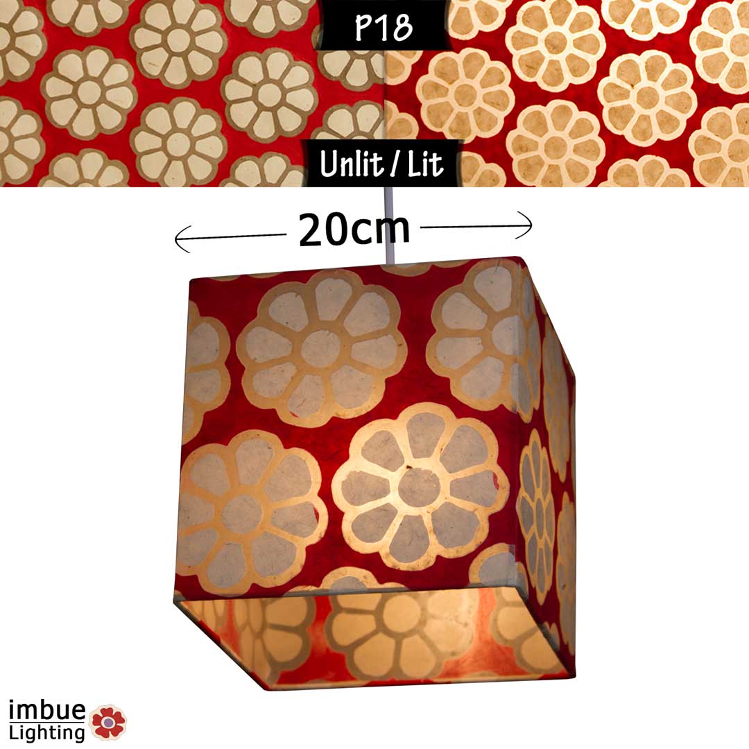 Square Lamp Shade - P18 - Batik Big Flower on Red, 20cm(w) x 20cm(h) x 20cm(d) - Imbue Lighting