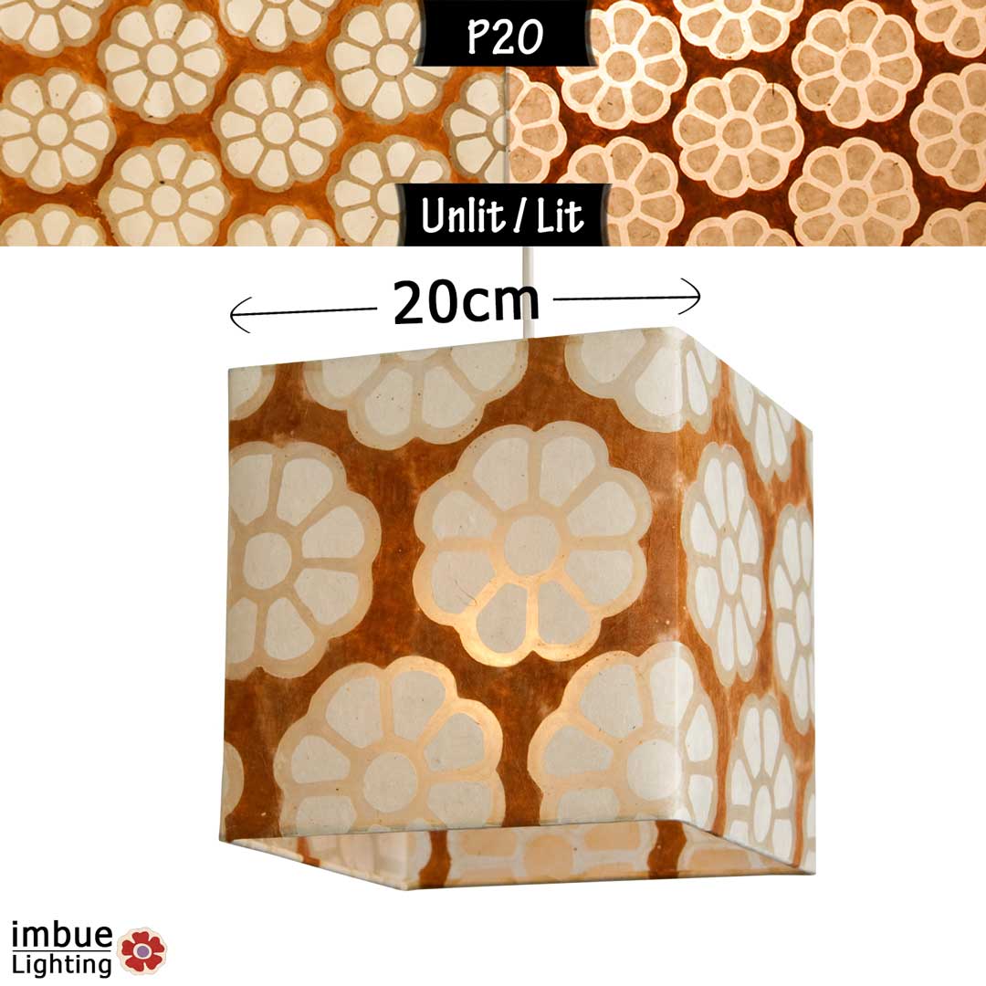 Square Lamp Shade - P20 - Batik Big Flower on Brown, 20cm(w) x 20cm(h) x 20cm(d) - Imbue Lighting