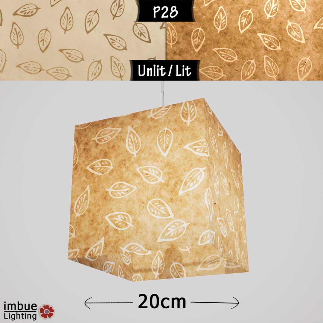 Square Lamp Shade - P28 - Batik Leaf on Natural, 20cm(w) x 20cm(h) x 20cm(d) - Imbue Lighting