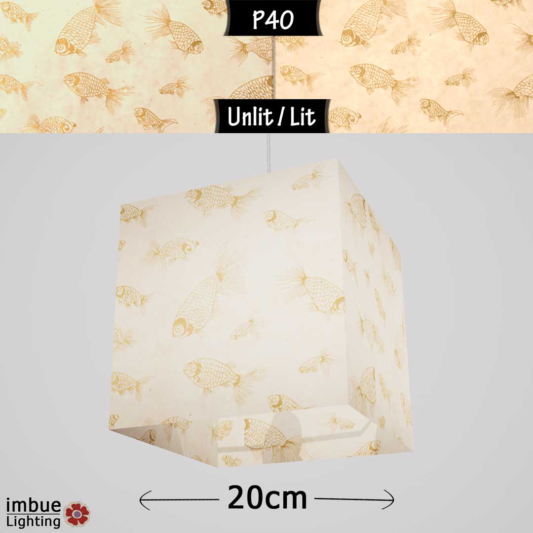 Square Lamp Shade - P40 - Gold Fish Screen Print on Natural Lokta, 20cm(w) x 20cm(h) x 20cm(d) - Imbue Lighting