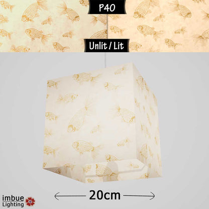 Square Lamp Shade - P40 - Gold Fish Screen Print on Natural Lokta, 20cm(w) x 20cm(h) x 20cm(d) - Imbue Lighting