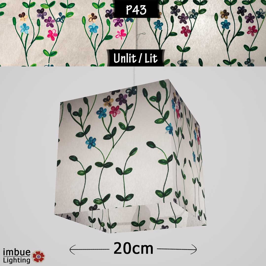 Square Lamp Shade - P43 - Embroidered Flowers on White, 20cm(w) x 20cm(h) x 20cm(d) - Imbue Lighting