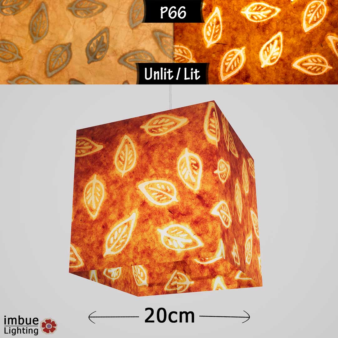 Square Lamp Shade - P66 - Batik Leaf on Camel, 20cm(w) x 20cm(h) x 20cm(d) - Imbue Lighting