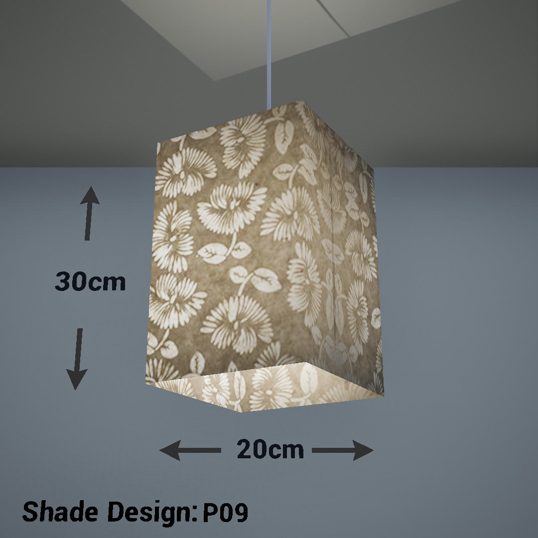 Square Lamp Shade - P09 - Batik Peony on Natural, 20cm(w) x 30cm(h) x 20cm(d) - Imbue Lighting