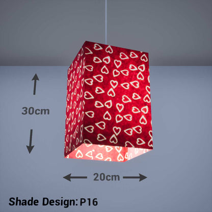 Square Lamp Shade - P16 - Batik Hearts on Cranberry, 20cm(w) x 30cm(h) x 20cm(d) - Imbue Lighting