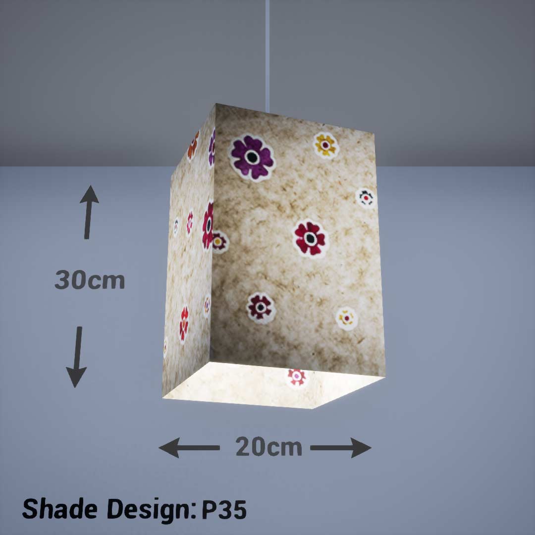 Square Lamp Shade - P35 - Batik Multi Flower on Natural, 20cm(w) x 30cm(h) x 20cm(d) - Imbue Lighting