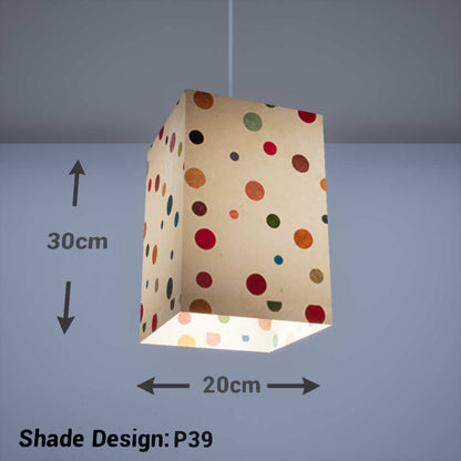 Square Lamp Shade - P39 - Polka Dots on Natural Lokta, 20cm(w) x 30cm(h) x 20cm(d) - Imbue Lighting