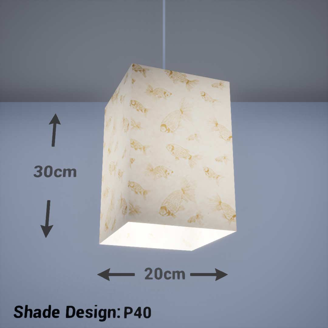 Square Lamp Shade - P40 - Gold Fish Screen Print on Natural Lokta, 20cm(w) x 30cm(h) x 20cm(d) - Imbue Lighting