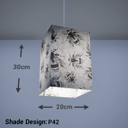 Square Lamp Shade - P42 - Bees Screen Print on Natural Lokta, 20cm(w) x 30cm(h) x 20cm(d) - Imbue Lighting