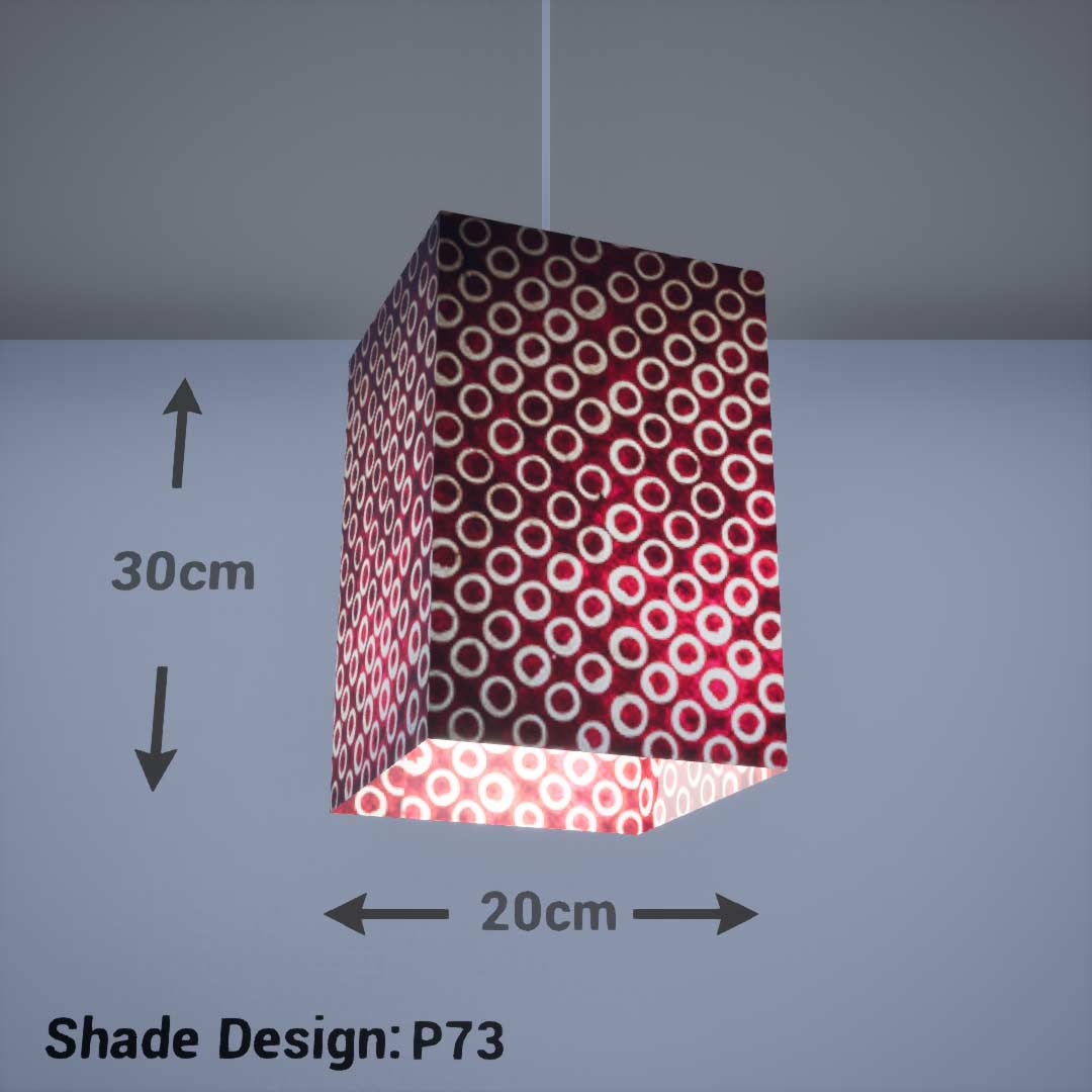 Square Lamp Shade - P73 - Batik Red Circles, 20cm(w) x 30cm(h) x 20cm(d) - Imbue Lighting