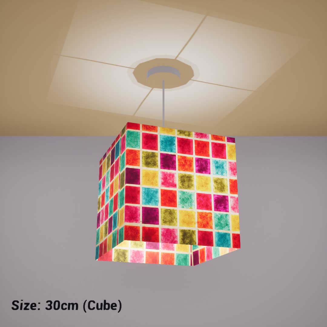 Square Lamp Shade - P01 - Batik Multi Square, 30cm(w) x 30cm(h) x 30cm(d) - Imbue Lighting
