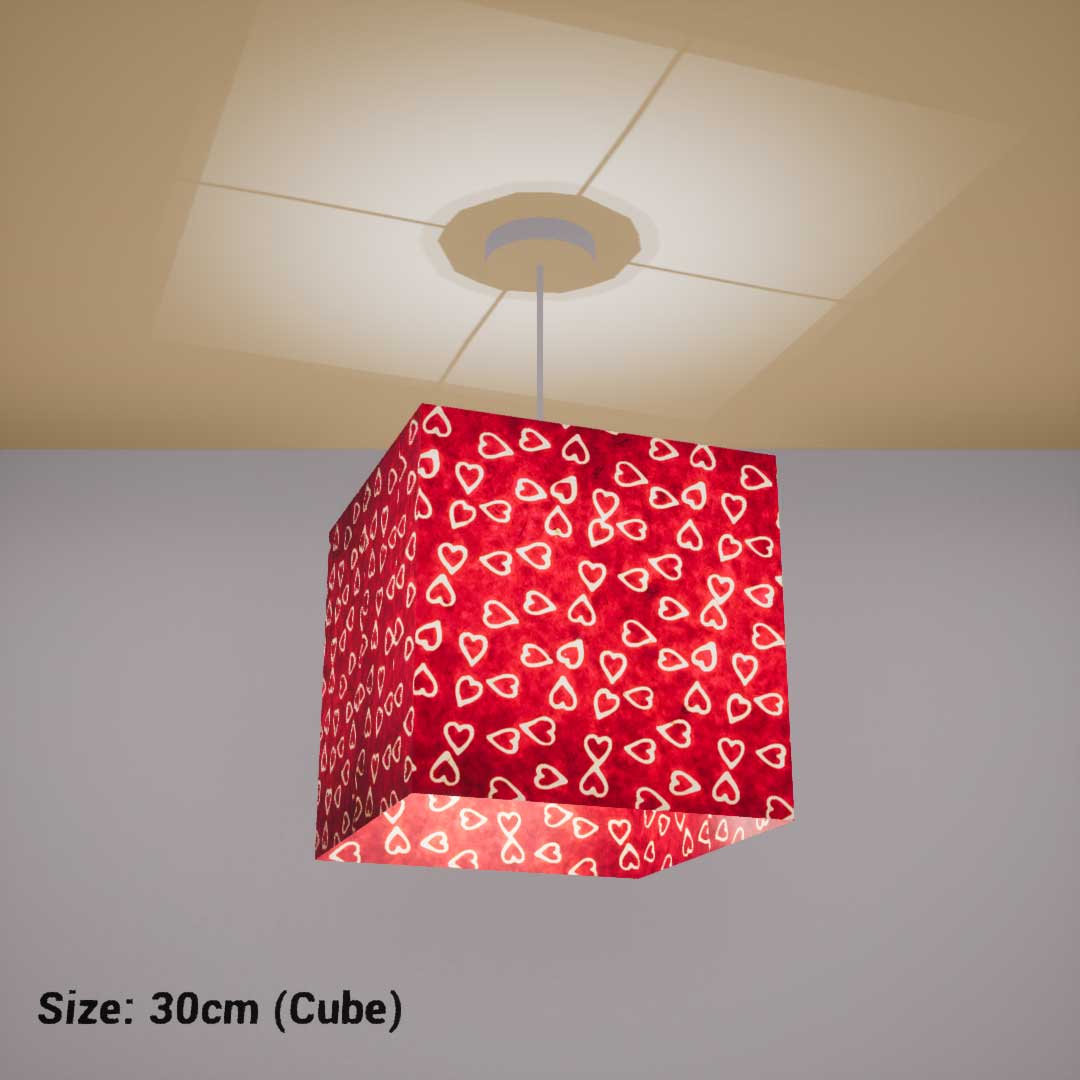 Square Lamp Shade - P16 - Batik Hearts on Cranberry, 30cm(w) x 30cm(h) x 30cm(d) - Imbue Lighting
