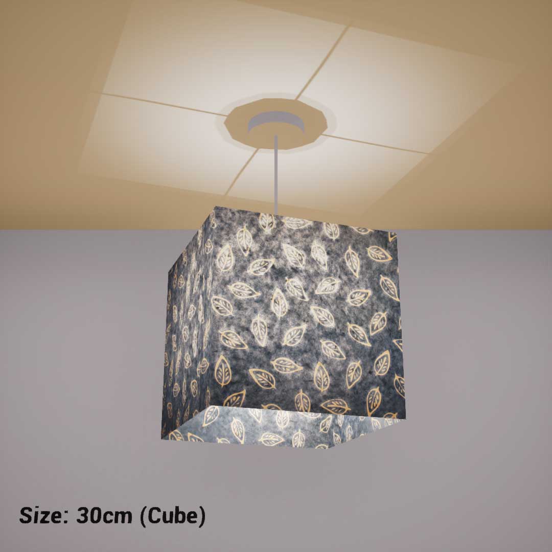 Square Lamp Shade - P31 - Batik Leaf on Blue, 30cm(w) x 30cm(h) x 30cm(d) - Imbue Lighting