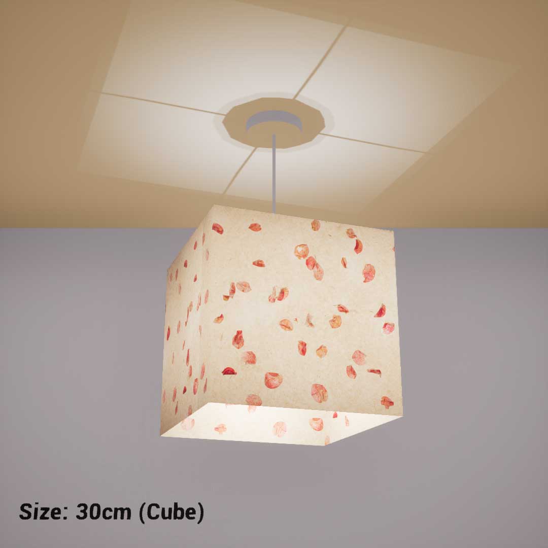 Square Lamp Shade - P33 - Rose Petals on Natural Lokta, 30cm(w) x 30cm(h) x 30cm(d) - Imbue Lighting