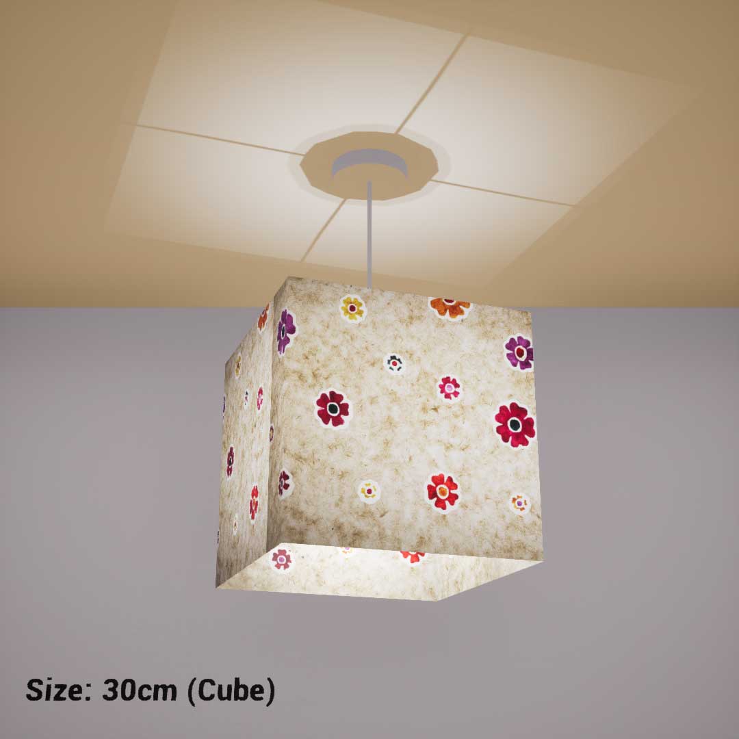 Square Lamp Shade - P35 - Batik Multi Flower on Natural, 30cm(w) x 30cm(h) x 30cm(d) - Imbue Lighting