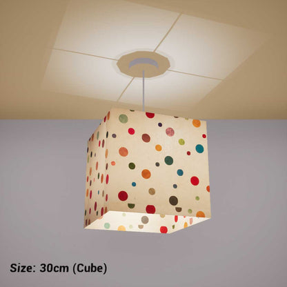 Square Lamp Shade - P39 - Polka Dots on Natural Lokta, 30cm(w) x 30cm(h) x 30cm(d) - Imbue Lighting