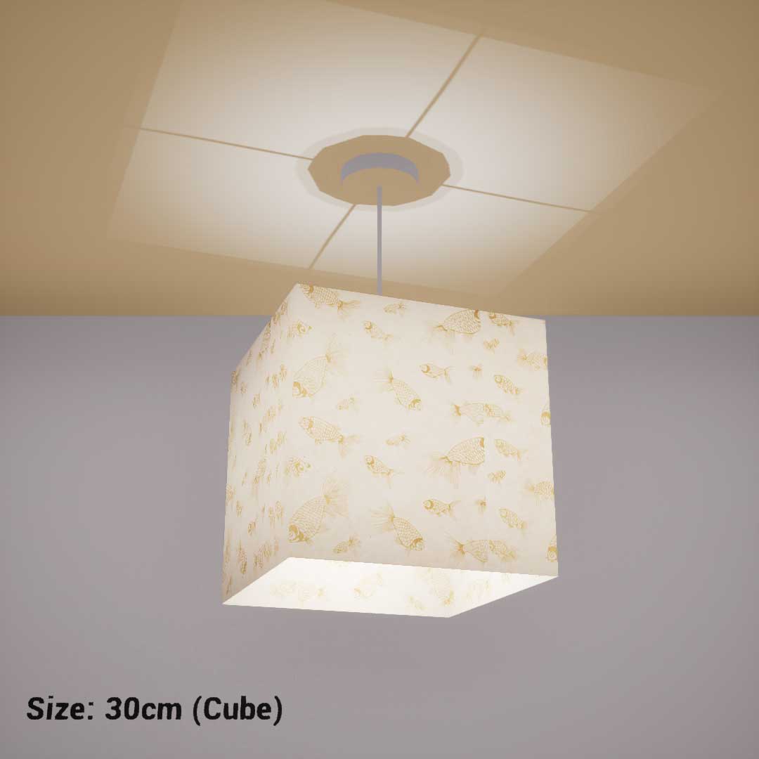Square Lamp Shade - P40 - Gold Fish Screen Print on Natural Lokta, 30cm(w) x 30cm(h) x 30cm(d) - Imbue Lighting
