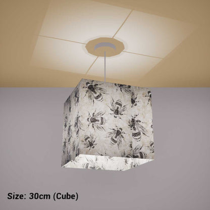 Square Lamp Shade - P42 - Bees Screen Print on Natural Lokta, 30cm(w) x 30cm(h) x 30cm(d) - Imbue Lighting