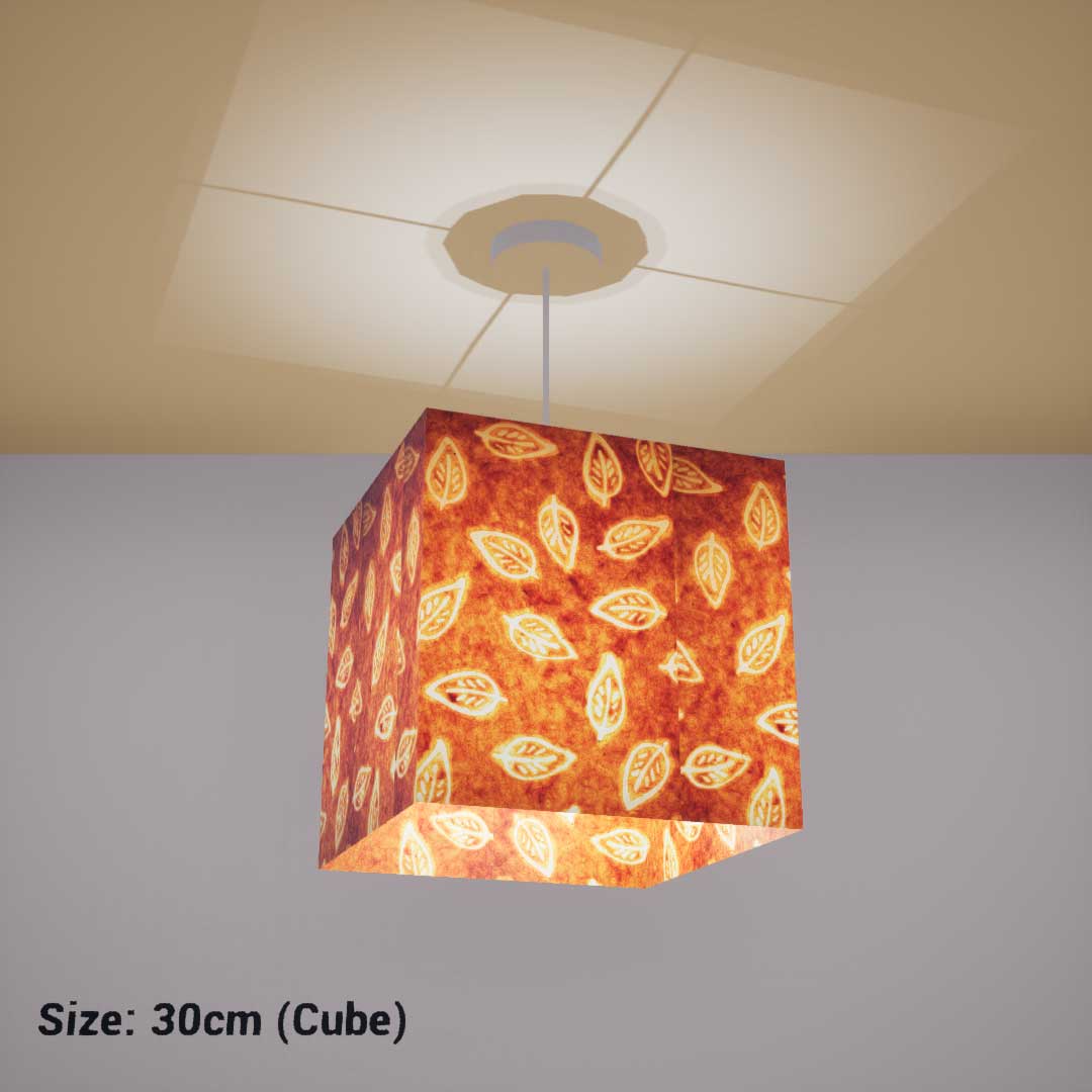 Square Lamp Shade - P66 - Batik Leaf on Camel, 30cm(w) x 30cm(h) x 30cm(d) - Imbue Lighting