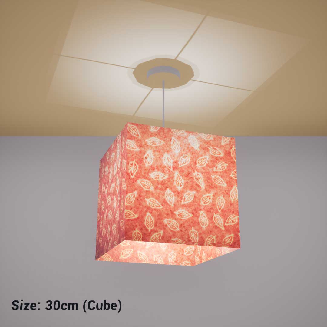 Square Lamp Shade - P67 - Batik Leaf on Pink, 30cm(w) x 30cm(h) x 30cm(d) - Imbue Lighting