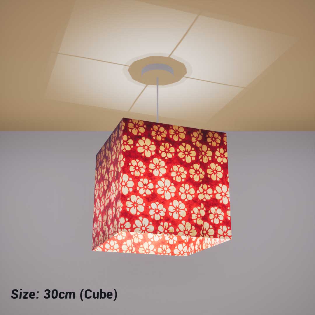 Square Lamp Shade - P76 - Batik Star Flower Red, 30cm(w) x 30cm(h) x 30cm(d) - Imbue Lighting
