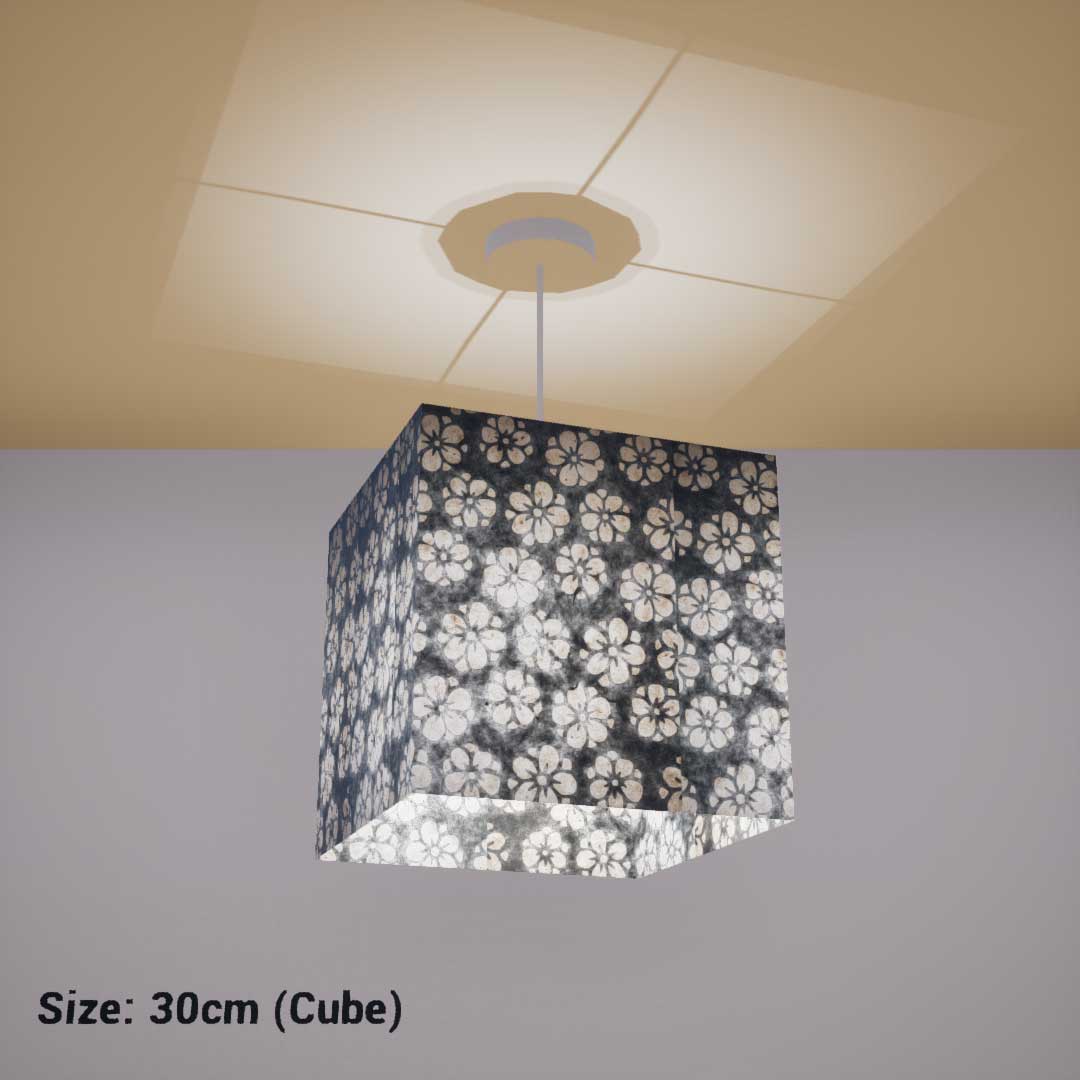 Square Lamp Shade - P77 - Batik Star Flower Grey, 30cm(w) x 30cm(h) x 30cm(d) - Imbue Lighting