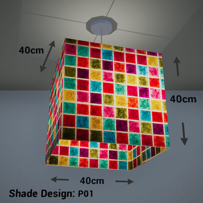 Square Lamp Shade - P01 - Batik Multi Square, 40cm(w) x 40cm(h) x 40cm(d) - Imbue Lighting