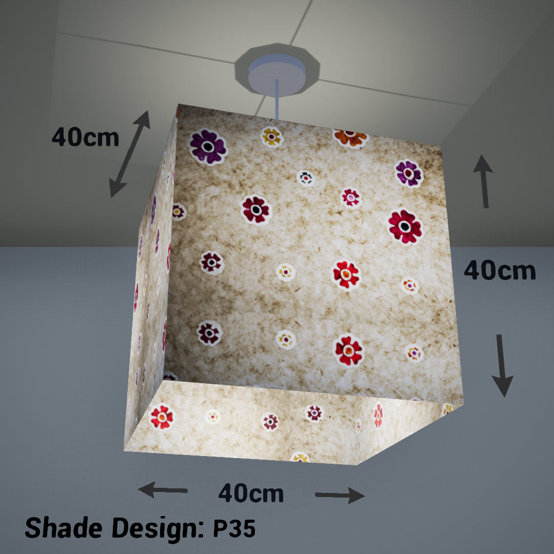 Square Lamp Shade - P35 - Batik Multi Flower on Natural, 40cm(w) x 40cm(h) x 40cm(d) - Imbue Lighting