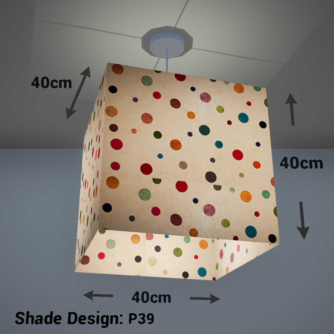 Square Lamp Shade - P39 - Polka Dots on Natural Lokta, 40cm(w) x 40cm(h) x 40cm(d) - Imbue Lighting