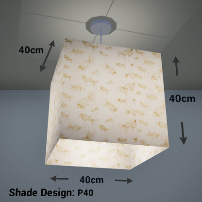 Square Lamp Shade - P40 - Gold Fish Screen Print on Natural Lokta, 40cm(w) x 40cm(h) x 40cm(d) - Imbue Lighting