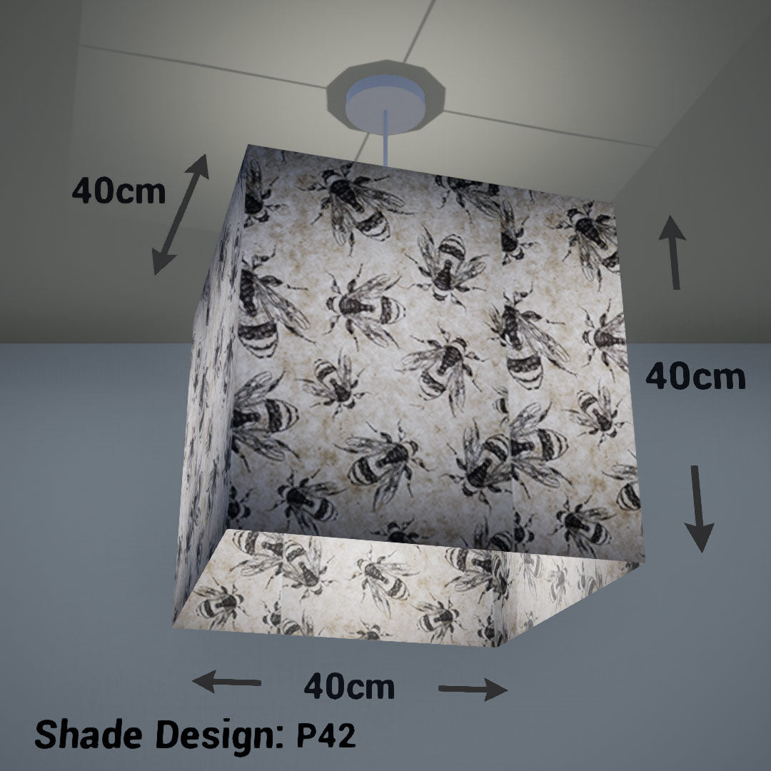 Square Lamp Shade - P42 - Bees Screen Print on Natural Lokta, 40cm(w) x 40cm(h) x 40cm(d) - Imbue Lighting